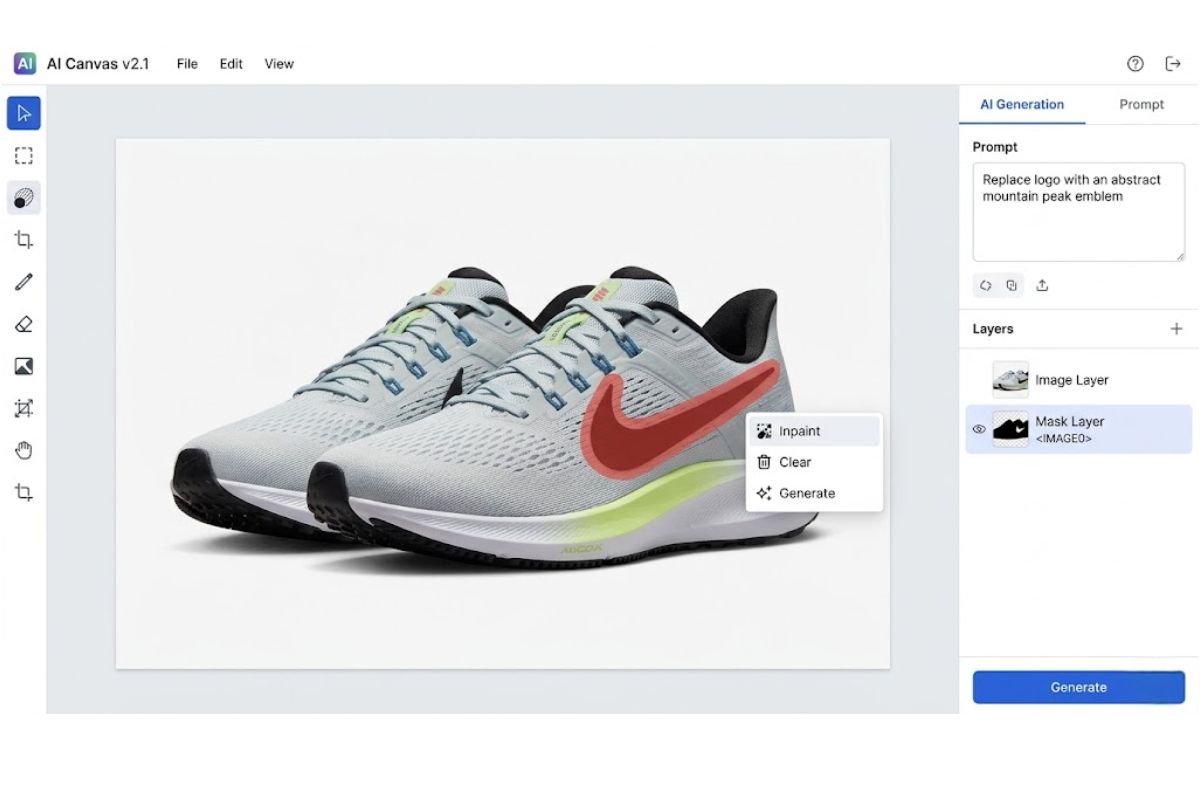 Leonardo AI 1 AI Canvas interface showing inpainting selection